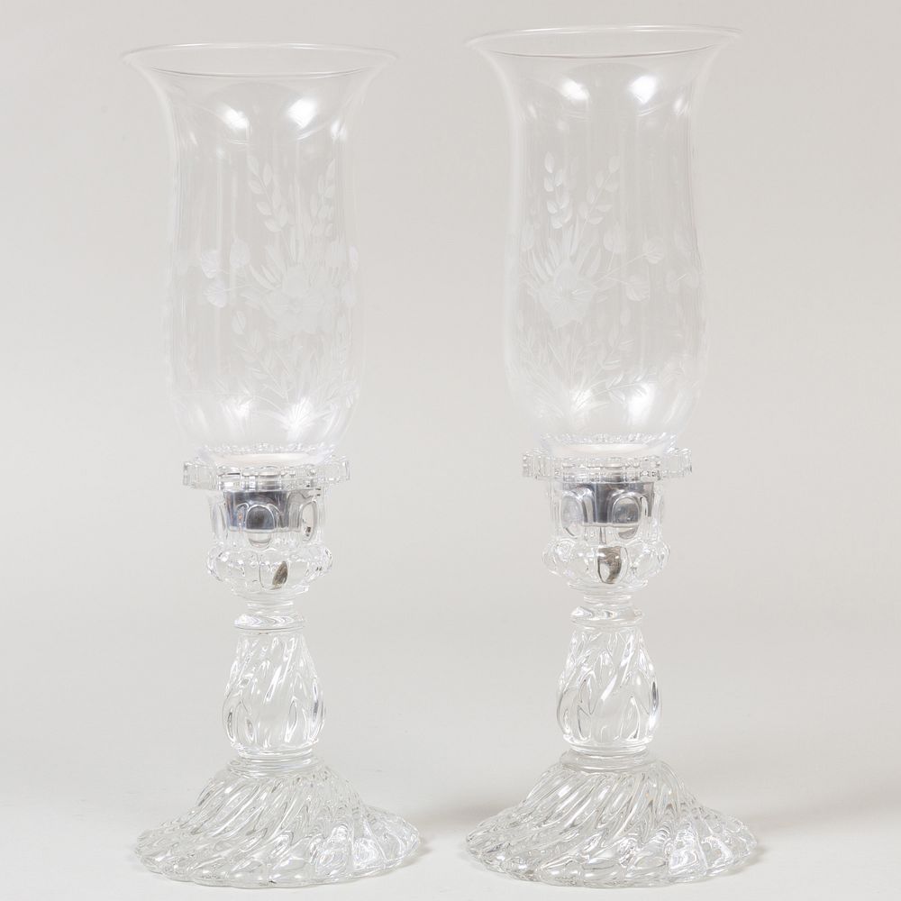 Appraisal: Pair of St Louis Molded Glass Candlesticks with Etched Glass