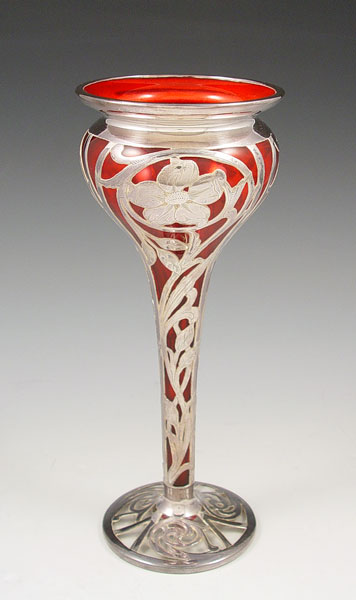 Appraisal: STERLING SILVER OVERLAY CRANBERRY GLASS VASE Art Nouveau form and