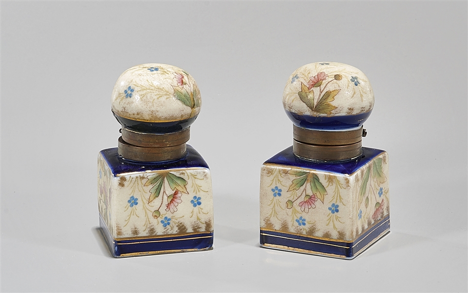 Appraisal: Two vintage painted porcelain inkwells with hinged covers x sq