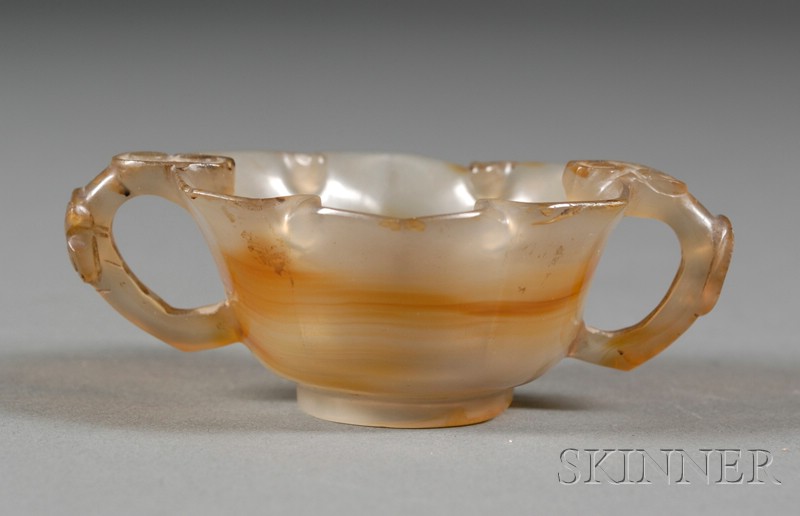 Appraisal: Agate Cup China th century foliate shaped with ju-i handles