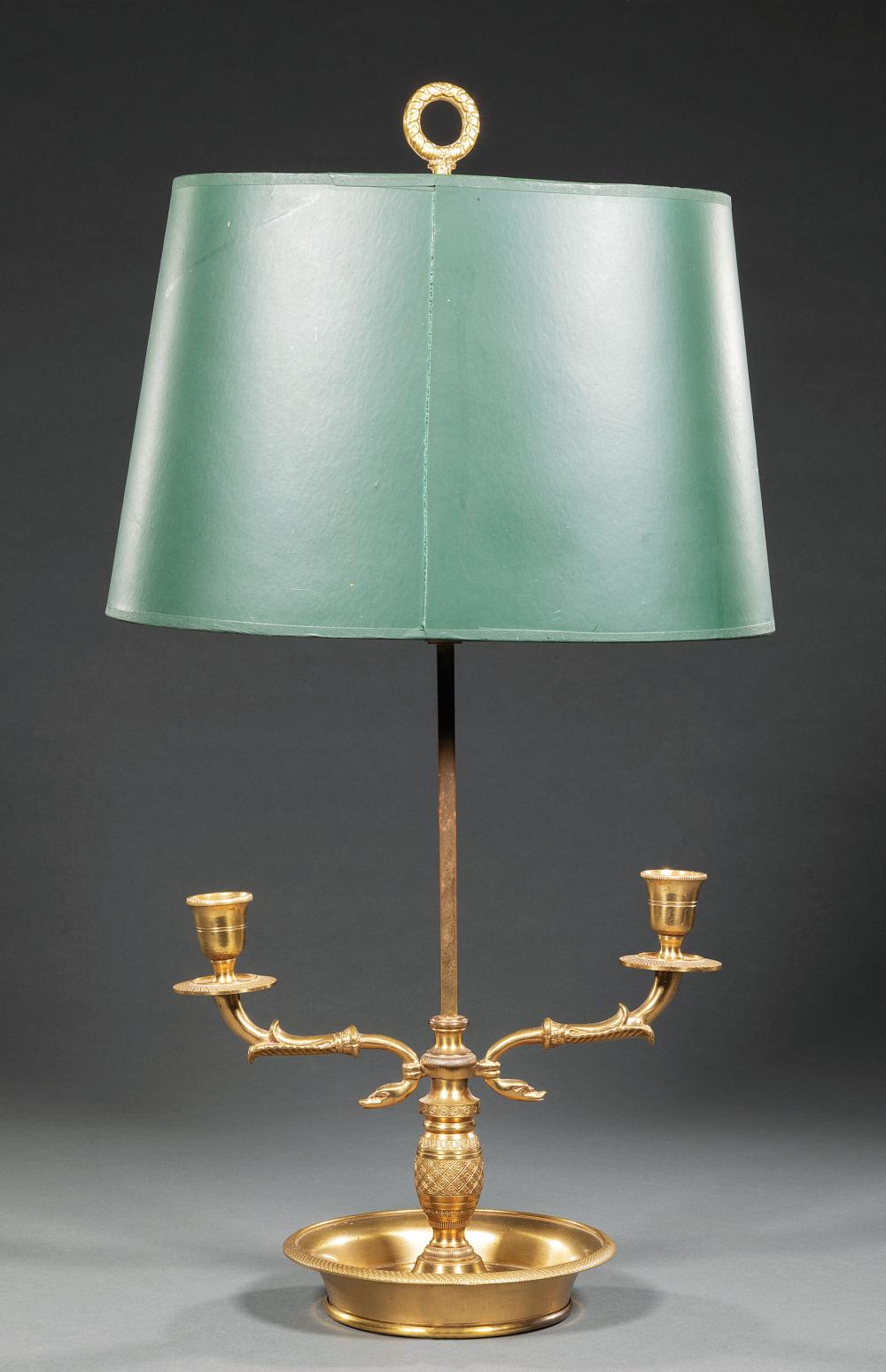 Appraisal: French Brass Two-Light Bouillotte Lamp th c oval paper shade