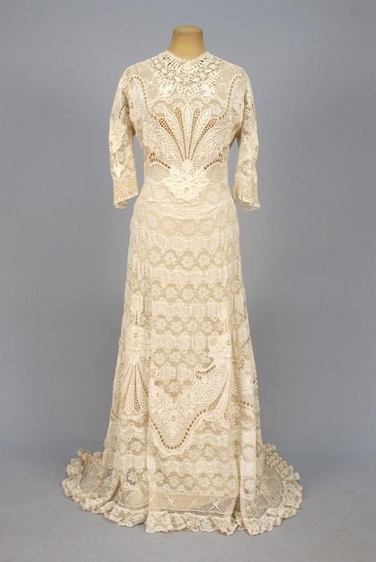 Appraisal: TRAINED LACE and EMBROIDERED SUMMER GOWN EARLY th C Cream