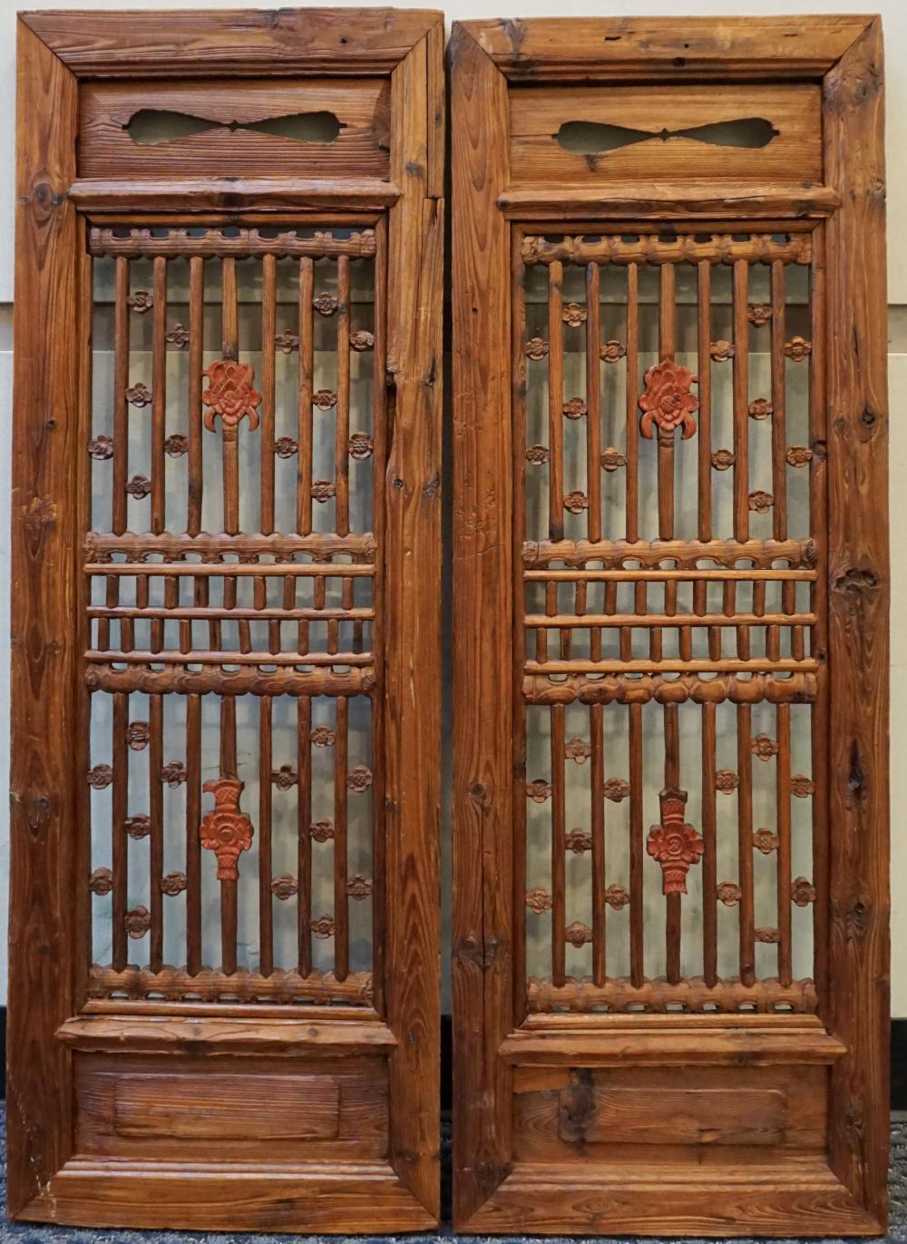 Appraisal: Pair Chinese Partial Red Painted Pine Lattice Panels x x