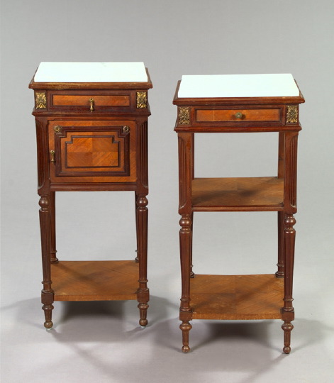 Appraisal: Near-Pair of Louis XVI-Style Gilt-Brass-Mounted Mahogany and Marble-Top Side Tables