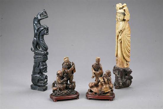 Appraisal: FOUR STONE CARVINGS Three soapstone Chinese statues of robed scholars