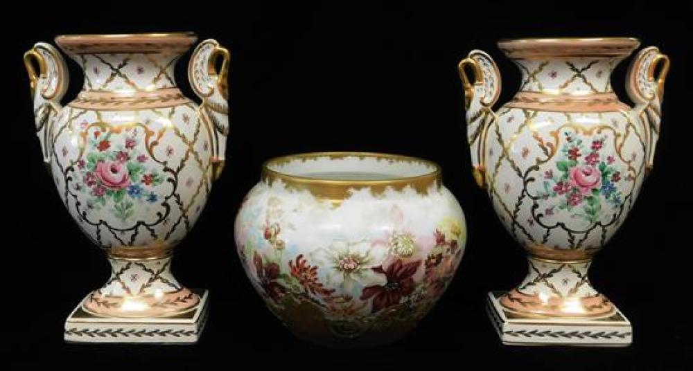 Appraisal: Limoges three hand-painted pieces all signed including pair of Limoges