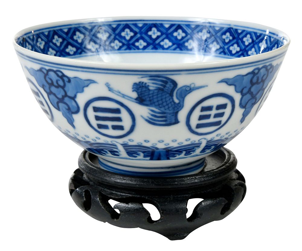 Appraisal: Chinese Blue and White Rice Bowl Taoist Symbols with underglaze