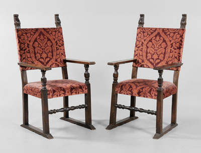 Appraisal: Pair Baroque Carved Open-Arm Chairs Italian th century walnut throughout