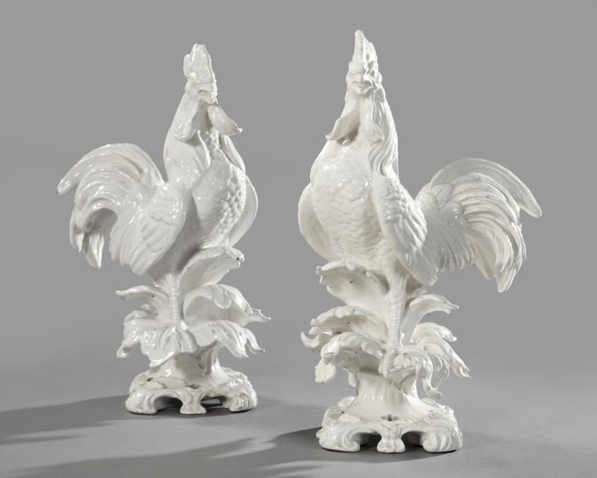 Appraisal: Good Pair of Italian Bianco Majolica Figures of Fierce Cockerels