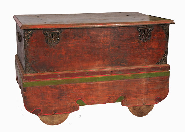 Appraisal: AN EASTERN POLYCHROME DECORATED COFFER with bracket feet and wooden