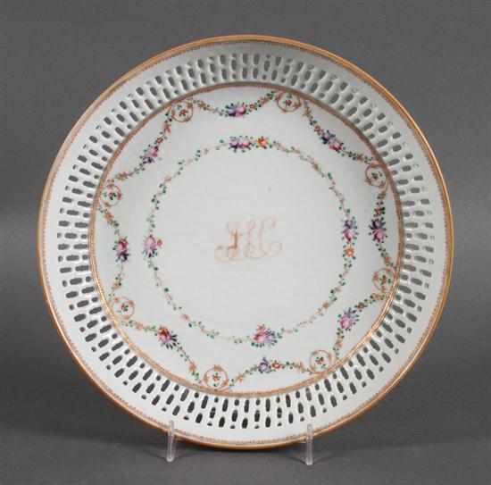 Appraisal: Chinese Export Famille Rose reticulated porcelain bowl circa central monogram