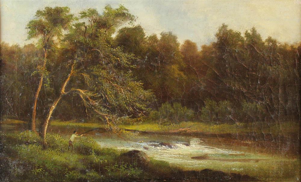 Appraisal: AMERICAN SCHOOL TH CENTURY RIVER LANDSCAPE WITH FISHERMAN IN THE