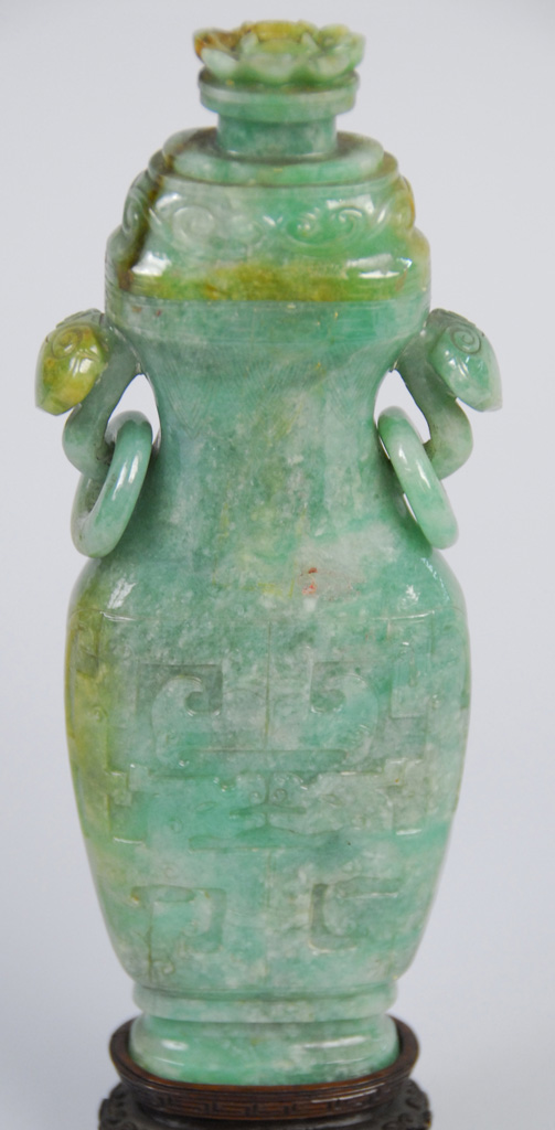 Appraisal: CHINESE APPLE GREEN CARVED JADEITE COVERED VASE with loose ring