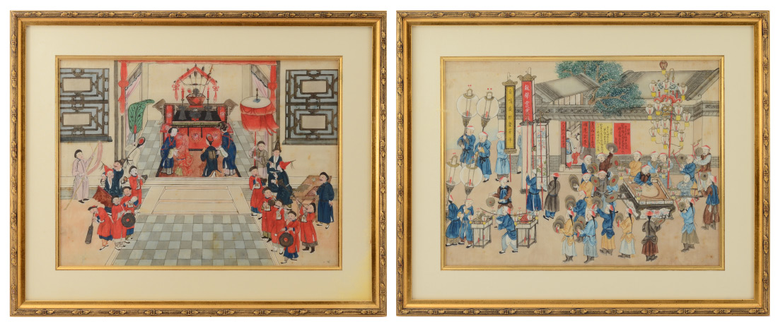 Appraisal: PAIR OF ORIENTAL PAINTINGS DEPICTING FESTIVALS Watercolor Fabric or Silk