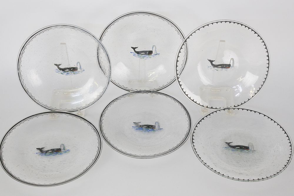 Appraisal: Six Blown Glass and Paint Decorated Spouting Whale Plates Six