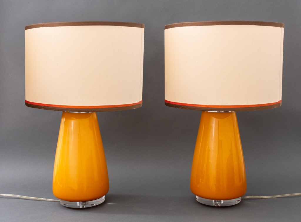 Appraisal: JAMIE YOUNG MARIGOLD GLASS LUCITE TABLE LAMPS PR Pair of