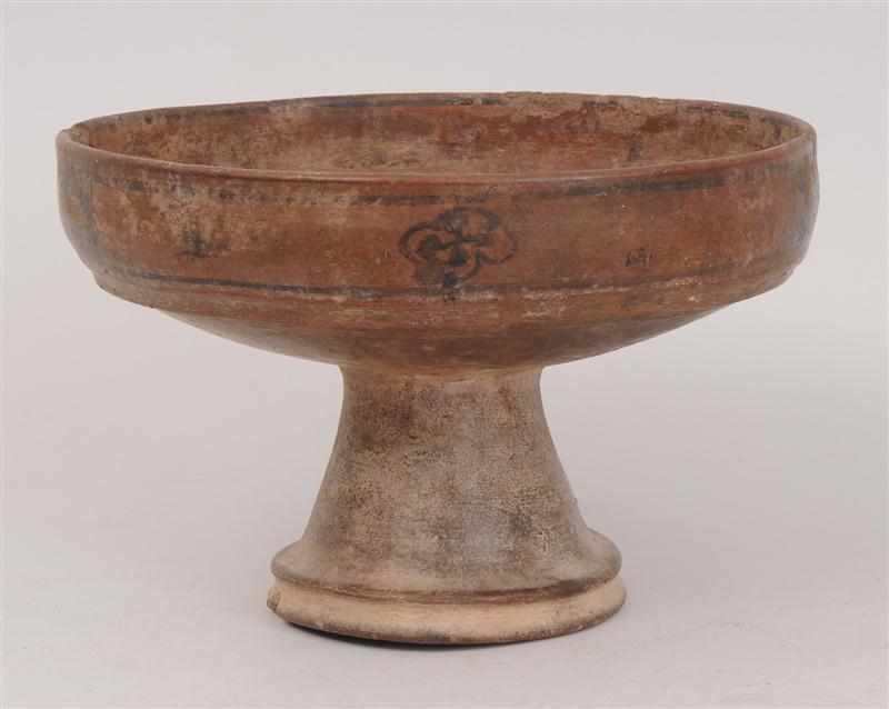 Appraisal: PAINTED TERRACOTTA STEMMED BOWL The shallow bowl with rectangle enclosing