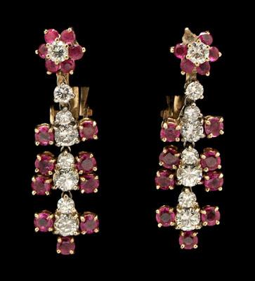 Appraisal: Ruby diamond earrings floral dangle style set with round brilliant-cut