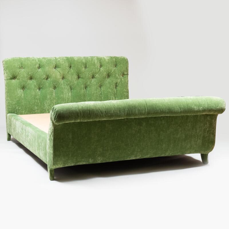 Appraisal: Custom Green Cotton Linen Velvet Tufted Upholstered Bed Designed by