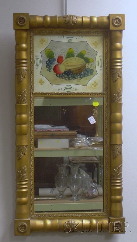 Appraisal: Classical-style Gold-painted Split-baluster Mirror with Reverse-painted Glass Tablet Depicting a