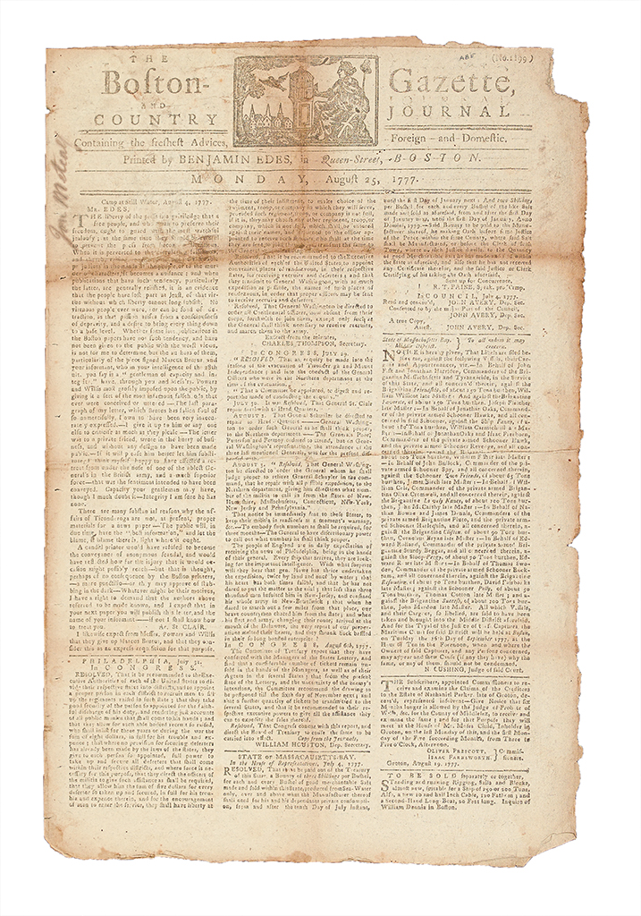 Appraisal: AMERICAN REVOLUTION-- The Boston-Gazette and Country Journal pages x inches