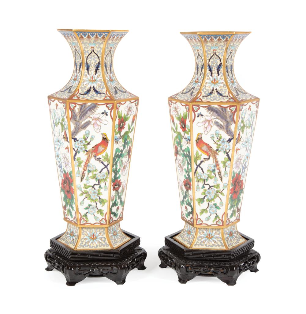 Appraisal: Pair of Chinese Cloisonne Enamel Hexagonal Vases th c each