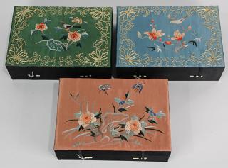 Appraisal: Three Chinese Embroidered Boxes lot of Chinese embroidered silk lined