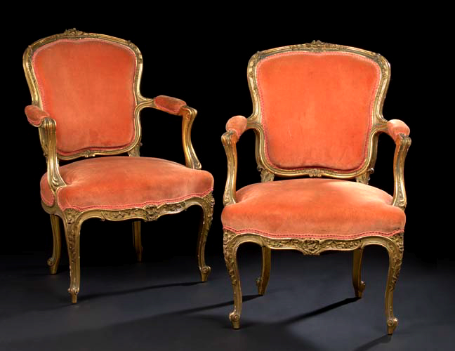 Appraisal: Pair of Louis XV-Style Carved Giltwood Fauteuils third quarter th