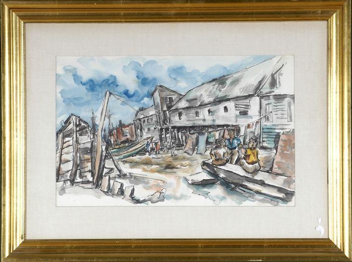 Appraisal: th C School Harbor Scene with Figures Watercolor pen and