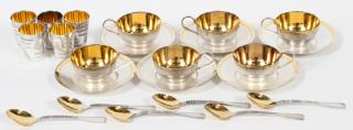 Appraisal: USSR SILVERPLATE ESPRESSO CUPS SAUCERS SPOONS USSR SILVERPLATE ESPRESSO CUPS