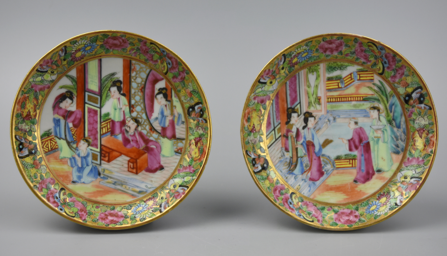 Appraisal: CHINESE CANTON GLAZE SAUCERS W FIGURE TH C two nicely