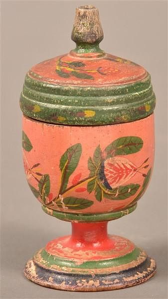 Appraisal: Lehnware Turned and Painted Cov Saffron Cup Lehnware Turned and