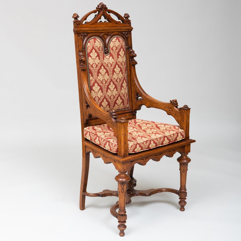 Appraisal: Early Victorian Neo-Gothic Carved Oak Arm Chair With embroidered upholstery