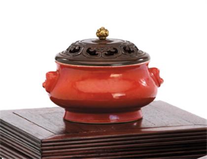 Appraisal: Fine Chinese coral red glazed covered censer th century Of