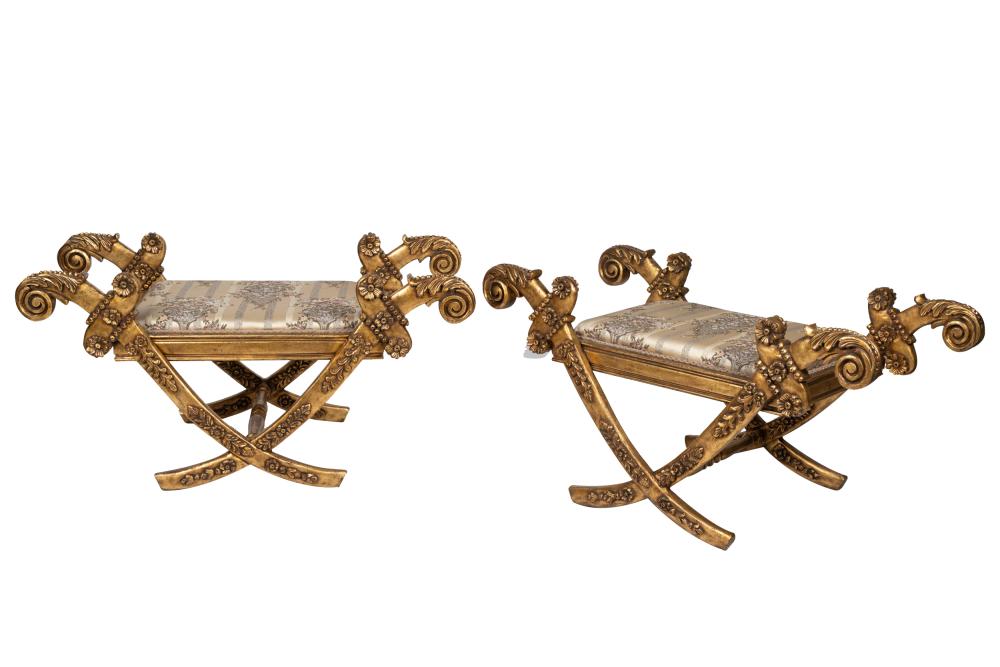 Appraisal: PAIR OF CARVED GILTWOOD STOOLSmodern with upholstered seats inches wide