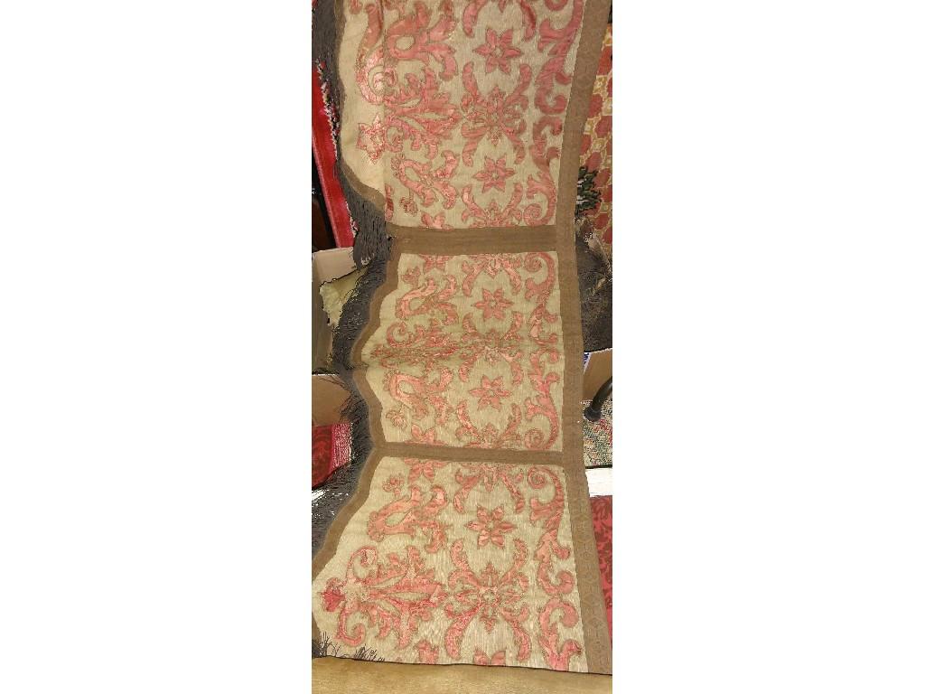 Appraisal: Three antique silk curtain pelmets with damask style pink embroidered