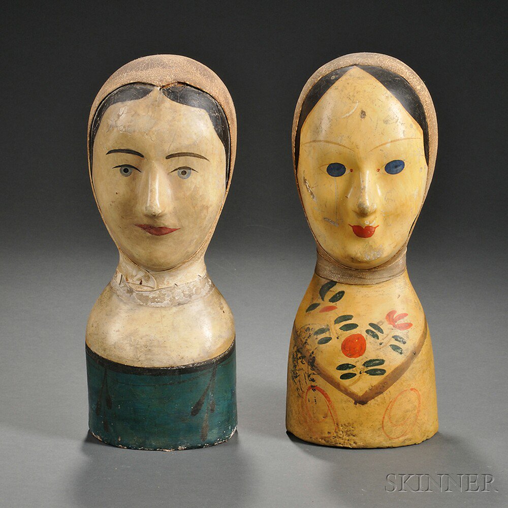 Appraisal: Two Painted Papier-mache Milliner's Heads France th century each with