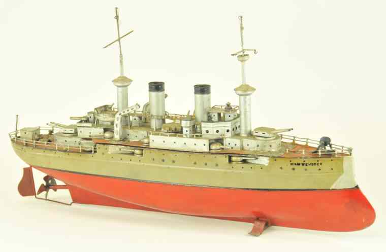 Appraisal: FLEISHMAN WARSHIP c painted tin ship well detailed appointments deck