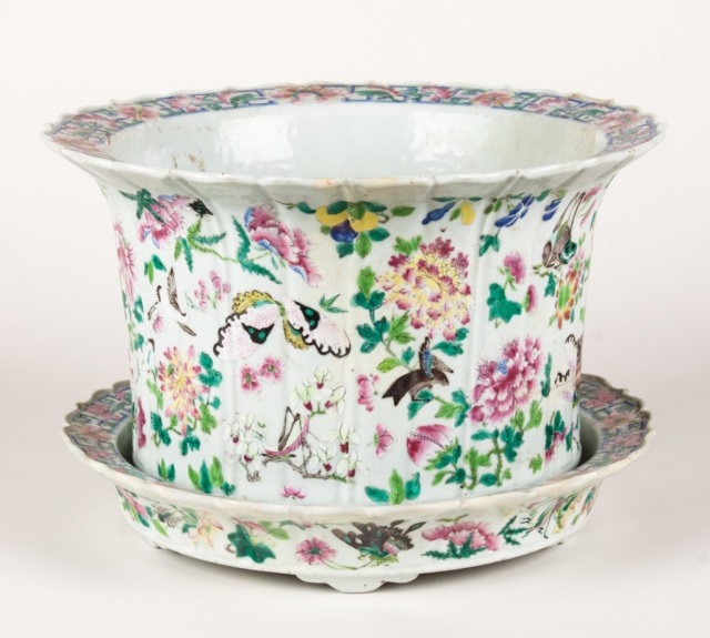 Appraisal: Chinese Export Famille Rose jardiniere circa with undertray flower and