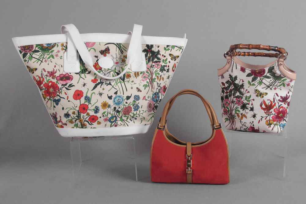 Appraisal: GUCCI PURSES Butterfly Collection canvas carry all tote white leather