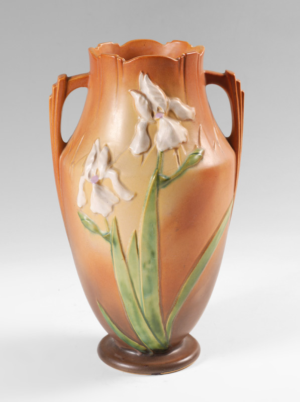 Appraisal: LARGE ROSEVILLE IRIS - DOUBLE HANDLED VASE Brown toned Iris