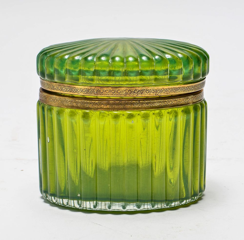 Appraisal: French Green Opaline Glass Brass Hinged Box th C French