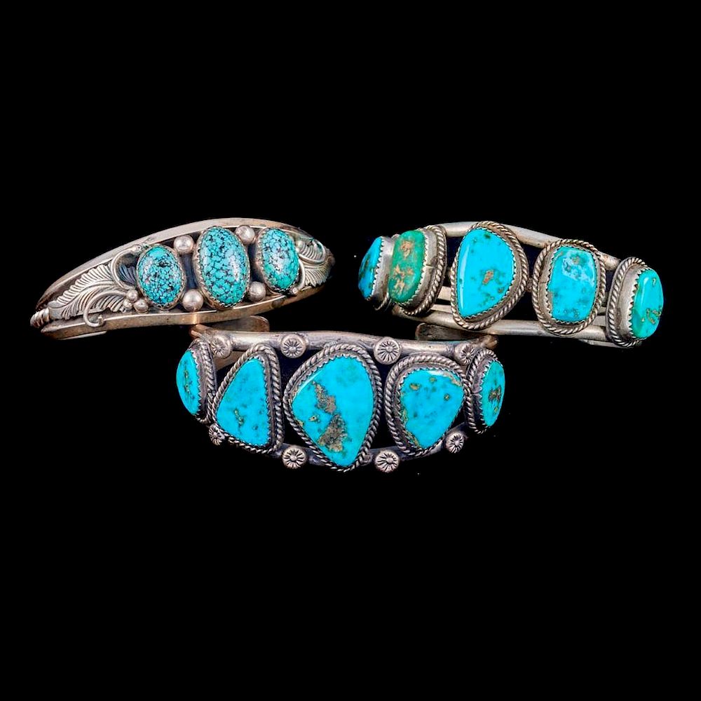 Appraisal: NAVAJO CUFF BRACELETS Three old pawn turquoise and silver cuff