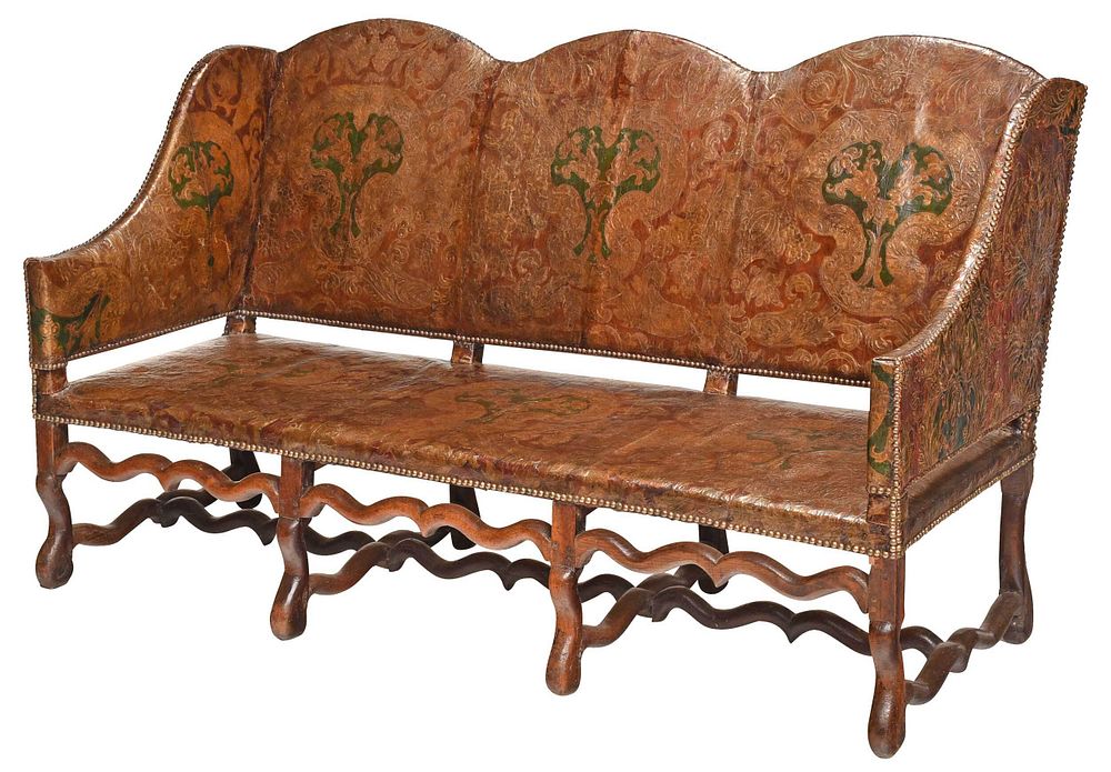 Appraisal: Louis XIV Walnut and Embossed Leather Settee French th th