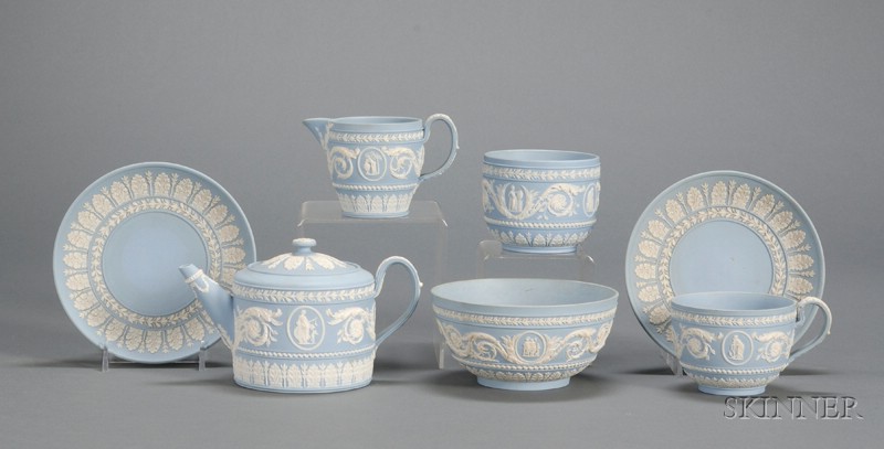 Appraisal: Wedgwood Seven-Piece Solid Light Blue Jasper Tea Set England c