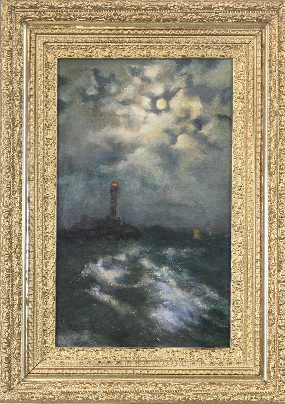 Appraisal: A HUBLE OIL ON CANVAS lighthouse at night signed lower