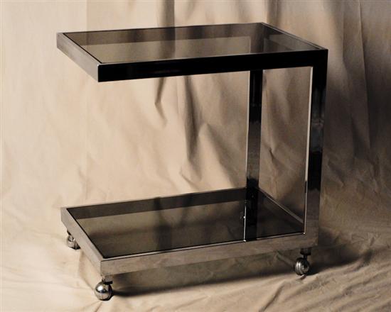 Appraisal: Milo Baughman-style Bar Cart with glass shelves and rollers H