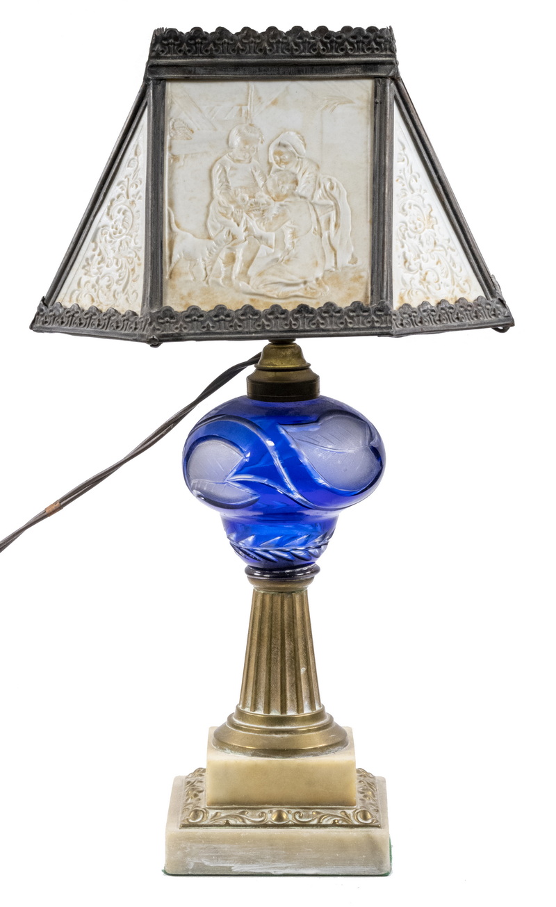 Appraisal: ELECTRIFIED TH C KEROSENE LAMP WITH LITHOPANE SHADE Victorian Lamp