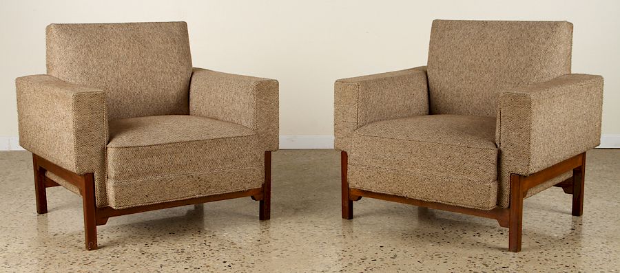 Appraisal: PAIR ANGULAR DANISH CLUB CHAIRS UPHOLSTERED A pair of angular