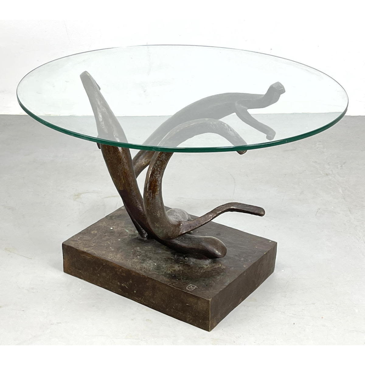 Appraisal: Artist Initialed Organic Form Bronze Occasional Table with Glass Top